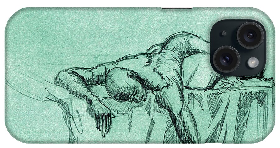 Nude Man Laying On Bed iPhone Case featuring the drawing Wasted by Stan Kwong