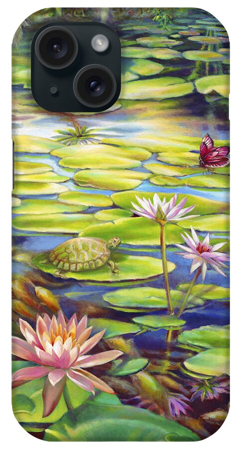 Water Lily iPhone Case featuring the painting Water Lilies at McKee Gardens I - Turtle Butterfly and Koi Fish by Nancy Tilles