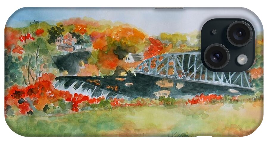 Autumn Colors iPhone Case featuring the painting Waterfall at Old Paper Mill in Saugerties by Judy Swerlick
