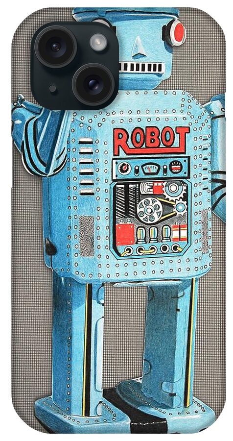 Robot Drawings iPhone Case featuring the drawing Wind-up Robot 2 by Glenda Zuckerman