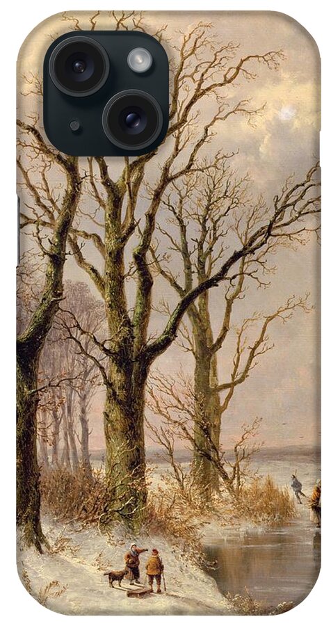 Snow; Toboggan iPhone Case featuring the painting Winter landscape with faggot gatherers conversing on a frozen lake by Josephus Gerardus Hans