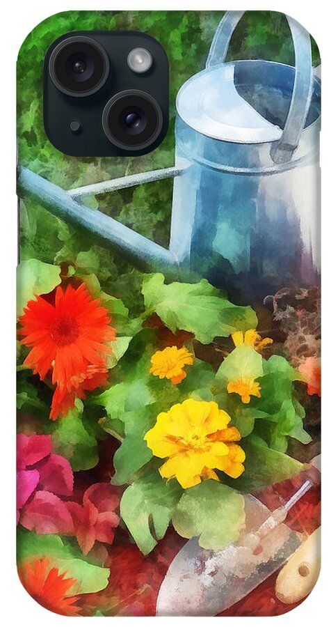 Zinnia iPhone Case featuring the photograph Zinnias and Watering Can by Susan Savad