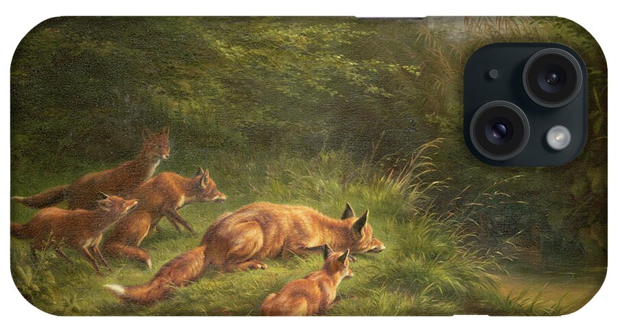 Foxes iPhone Case featuring the painting Foxes waiting for the prey by Carl Friedrich Deiker by Carl Friedrich Deiker