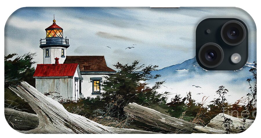 Lighthouse Fine Art Print iPhone Case featuring the painting Point Robinson Lighthouse and Mt. Rainier by James Williamson