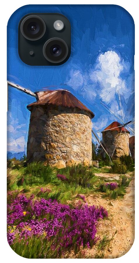 Landscape iPhone Case featuring the digital art Windmills of Portugal by Charmaine Zoe