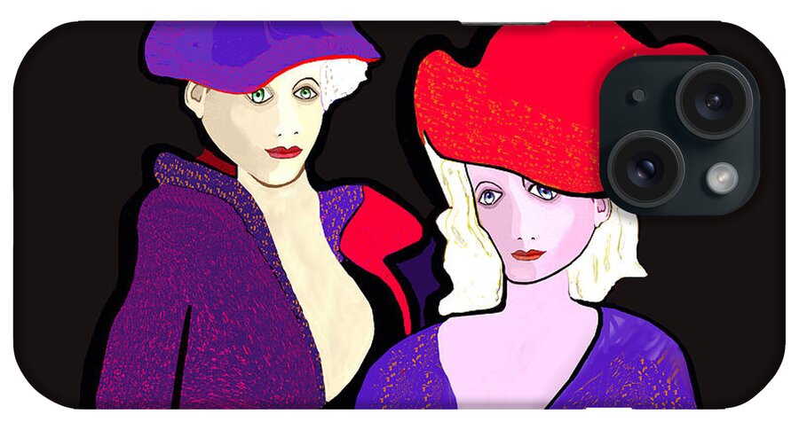 1267 iPhone Case featuring the digital art 1267 - Two Strangely Dressed Women 2017 by Irmgard Schoendorf Welch