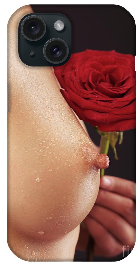 Breast iPhone Case featuring the photograph Beautiful Woman Breast and a Red Rose #1 by Maxim Images Exquisite Prints