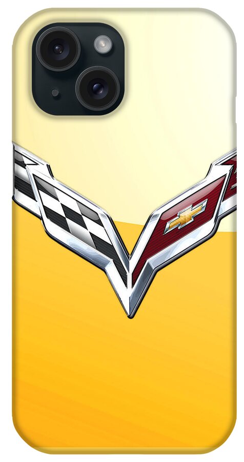 wheels Of Fortune Collection By Serge Averbukh iPhone Case featuring the photograph Chevrolet Corvette 3D Badge on Yellow #1 by Serge Averbukh