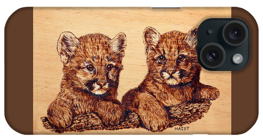 Kittens iPhone Case featuring the pyrography Cougar Cubs #1 by Ron Haist