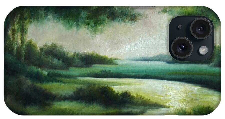 Bright Clouds; Sunsets; Reflections; Ocean; Water; Purple; Orange; Storms; Lightning; Contemporary; Abstract; Realism; James Christopher Hill; James Hill Studios; James C. Hilll; Forest; Flowers; Trees; Green; River; Water iPhone Case featuring the painting Emerald Forest #1 by James Hill