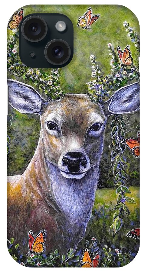 Deer Stag Forest Nature Butterfly iPhone Case featuring the painting Forest Monarch #1 by Gail Butler
