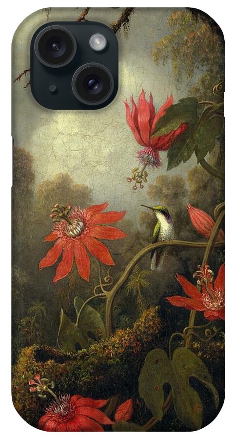 Martin Johnson Heade iPhone Case featuring the painting Hummingbird And Passionflowers #1 by Martin Johnson Heade