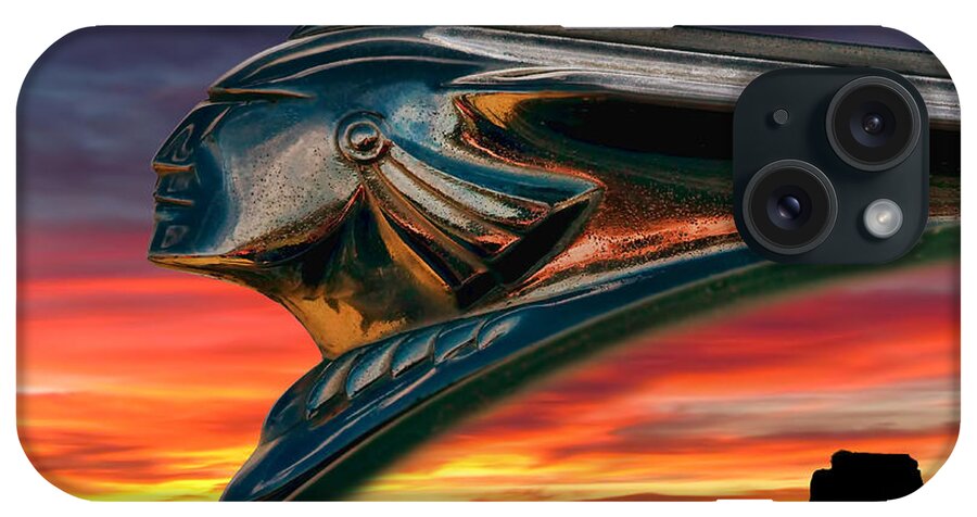 hood Orament Indian Mascot Pontiac Chrome monument Valley Sunset Landscape Dramatic Silhouette Fire Chief Automotive Auto Car Ornament Orange Mesa Canyon iPhone Case featuring the digital art Indian Rainbow #1 by Douglas Pittman