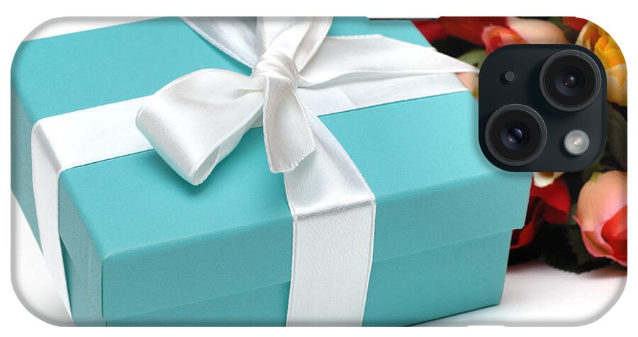 Anniversary iPhone Case featuring the photograph Little Blue Gift Box and Flowers #1 by Amy Cicconi