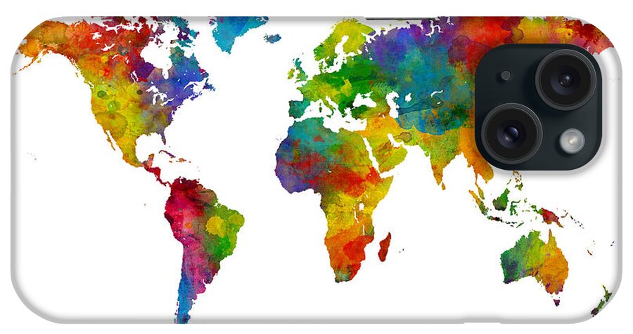 World Map iPhone Case featuring the digital art Map of the World Map Watercolor #1 by Michael Tompsett