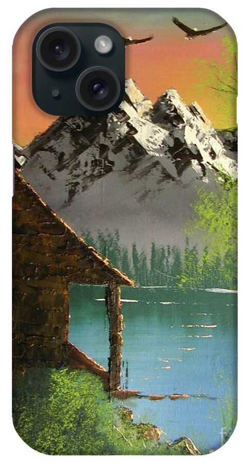 Skies iPhone Case featuring the painting Mountain Lake Cabin w Eagles #2 by Marianne NANA Betts