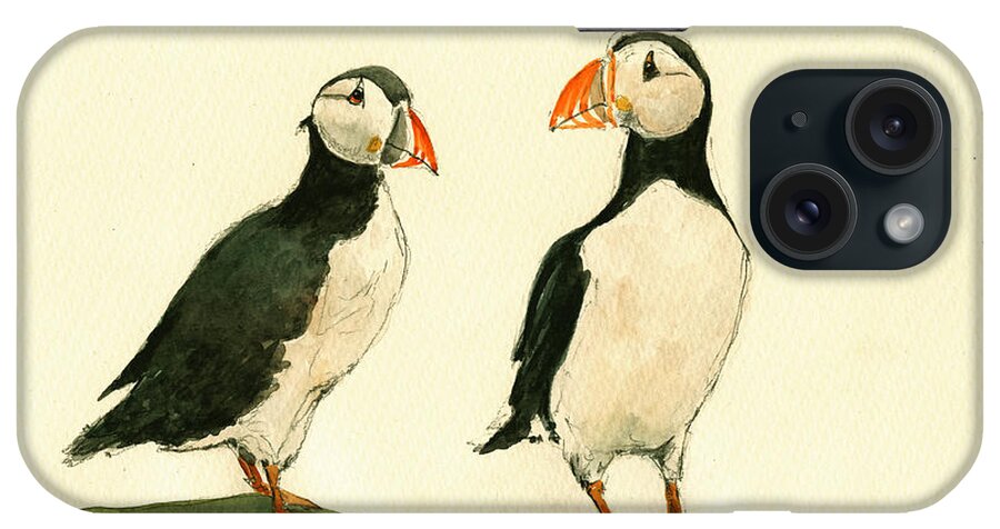 Puffin Art iPhone Case featuring the painting Puffins #1 by Juan Bosco