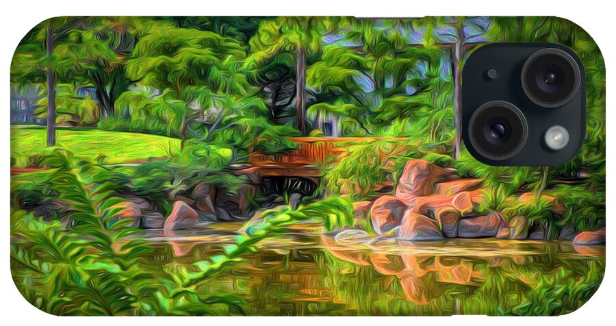Reflections # Impressionist Art # Impressionistic # Tranquil Scene # Serenity Garden # Japanese Gardens # Water Reflections # Lake # Rocks # Trees # Water # Bridge # Colorful Scene # Peaceful Park # Morikami # iPhone Case featuring the digital art Reflections #5 by Louis Ferreira