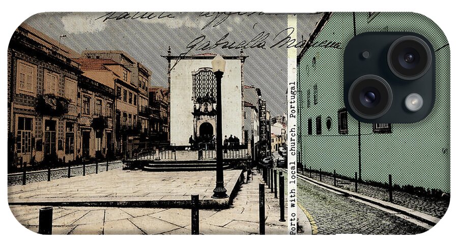 Street iPhone Case featuring the digital art stylish retro postcard of Porto #6 by Ariadna De Raadt