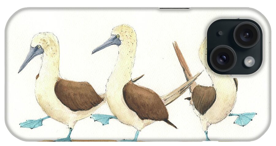 Bird Drawing iPhone Case featuring the painting Three blue footed boobies #1 by Juan Bosco