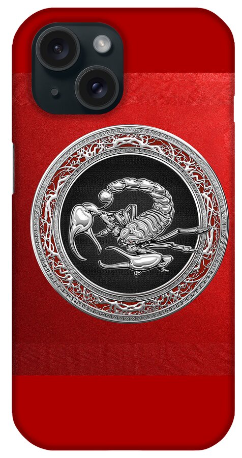 treasure Trove  By Serge Averbukh iPhone Case featuring the photograph Treasure Trove - Sacred Silver Scorpion on Red #1 by Serge Averbukh