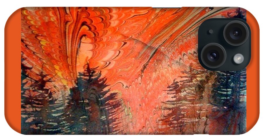 Evergreen Trees iPhone Case featuring the painting Trees on Red Marbled Paper by Denice Palanuk Wilson