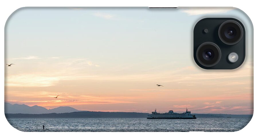 Sunset; Twilight; Puget Sound; Ferry; Paddler; Alki Beach; Outdoor; Landscape; iPhone Case featuring the digital art Twilight in Puget Sound #2 by Michael Lee