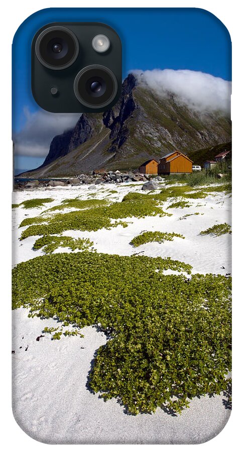 Flakstad Island iPhone Case featuring the photograph Vikten Beach with Green Grass, Mountains and Clouds #1 by Aivar Mikko