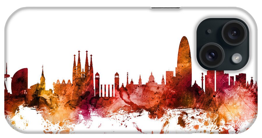 Barcelona iPhone Case featuring the digital art Barcelona Spain Skyline #12 by Michael Tompsett