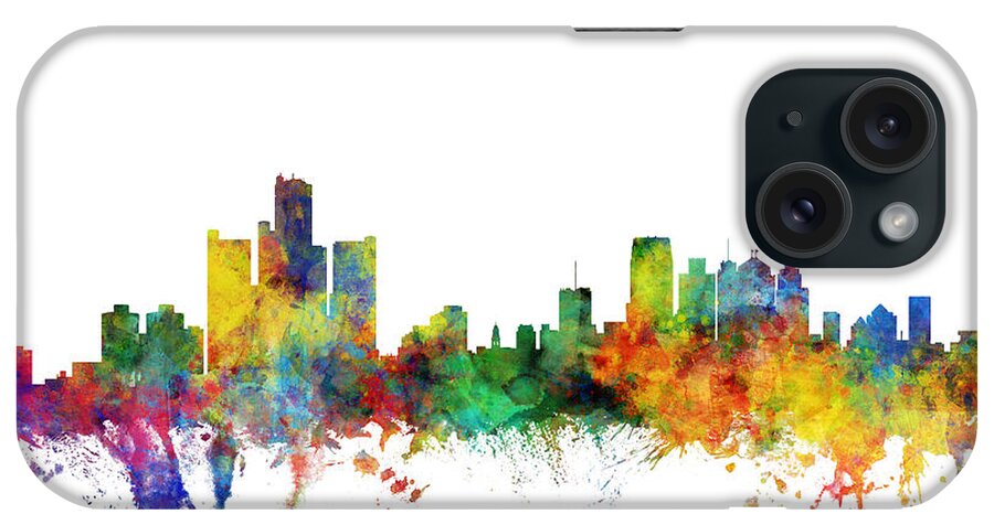 Detroit iPhone Case featuring the digital art Detroit Michigan Skyline #14 by Michael Tompsett