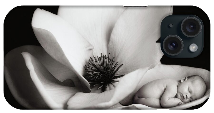 Black And White iPhone Case featuring the photograph Violet in a Magnolia by Anne Geddes