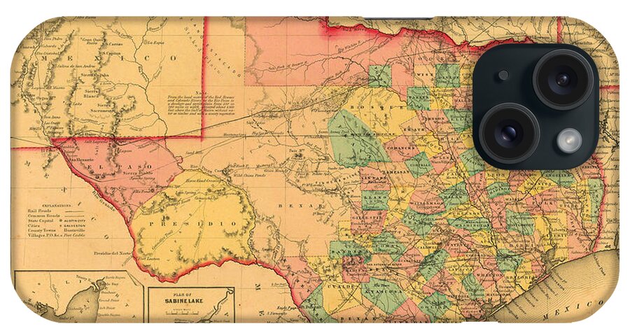 Texas iPhone Case featuring the digital art 1855 Texas County Map by J.H. Colton by Texas Map Store