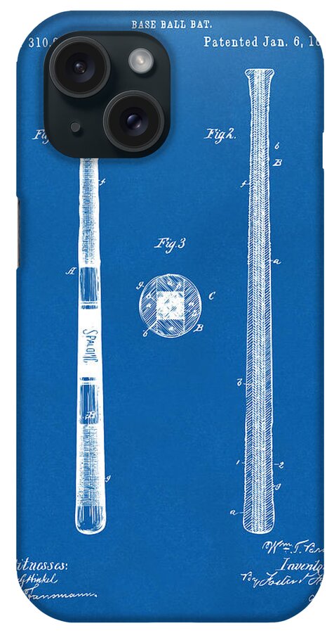 Baseball iPhone Case featuring the digital art 1885 Baseball Bat Patent Artwork - Blueprint by Nikki Marie Smith