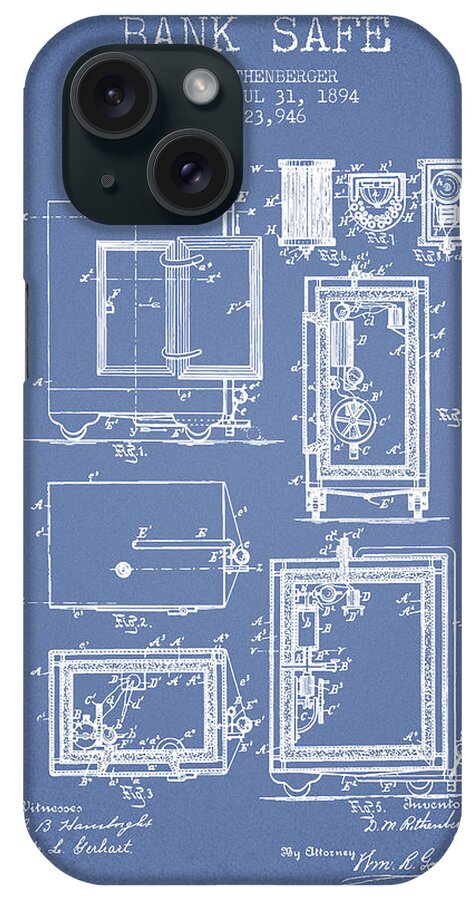 Bank Safe iPhone Case featuring the digital art 1894 Bank Safe Patent -light blue by Aged Pixel