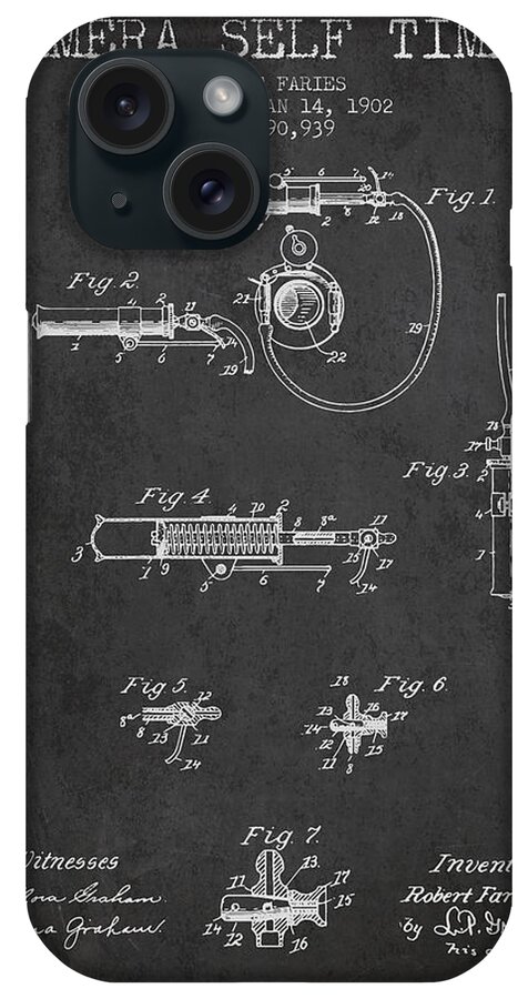 Camera iPhone Case featuring the digital art 1902 Camera Self Timer Patent - charcoal by Aged Pixel