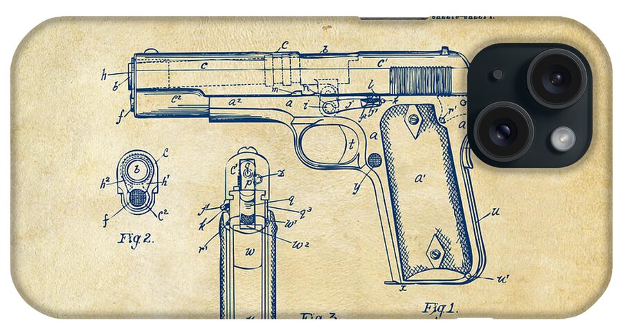 Colt 45 iPhone Case featuring the digital art 1911 Colt 45 Browning Firearm Patent Artwork Vintage by Nikki Marie Smith