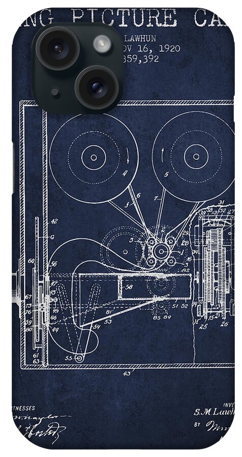 Camera iPhone Case featuring the digital art 1920 Moving Picture Camera Patent - Navy Blue by Aged Pixel
