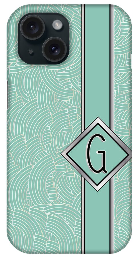 Monogrammed iPhone Case featuring the digital art 1920s Blue Deco Jazz Swing Monogram ...letter G by Cecely Bloom
