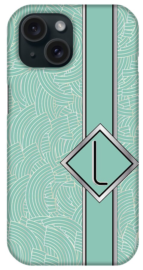 Monogrammed iPhone Case featuring the digital art 1920s Blue Deco Jazz Swing Monogram ...letter L by Cecely Bloom