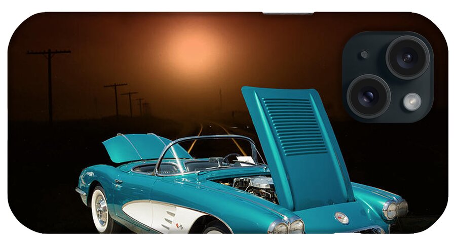 1958 Corvette iPhone Case featuring the photograph 1958 Corvette by Chevrolet and a Train photograph Print 3483.02 by M K Miller