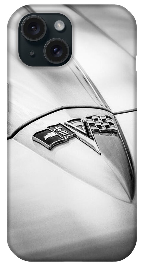 1964 Chevrolet Corvette Sting Ray Gm Styling Coupe Hood Emblem iPhone Case featuring the photograph 1964 Chevrolet Corvette Sting Ray GM Styling Coupe Hood Emblem -0111bw by Jill Reger