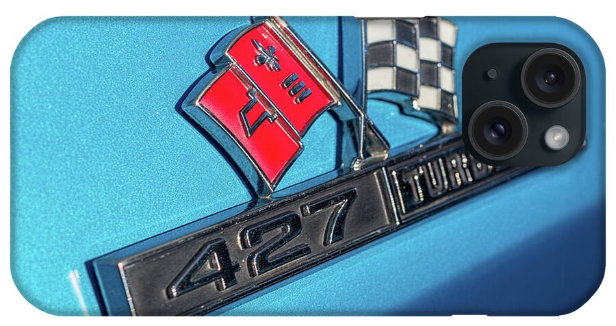 Chevy iPhone Case featuring the photograph 1965 Blue Corvette 427 Turbo Jet Emblem by Aloha Art