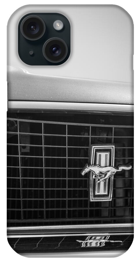 1969 Ford Mustang Grille Emblem iPhone Case featuring the photograph 1969 Ford Mustang Grille Emblem -0133bw by Jill Reger