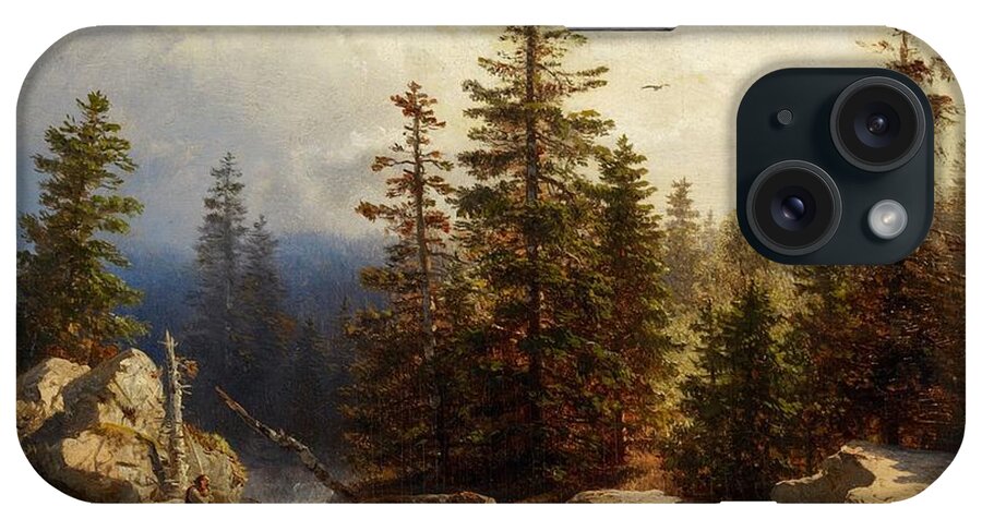 Andreas Achenbach iPhone Case featuring the painting Forest Landscape with an Angler by MotionAge Designs