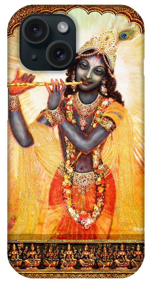 Krishna iPhone Case featuring the mixed media Krishna with the Flute #2 by Ananda Vdovic