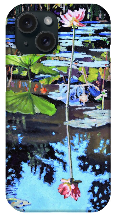 Garden Pond iPhone Case featuring the painting Lotus Reflections #3 by John Lautermilch