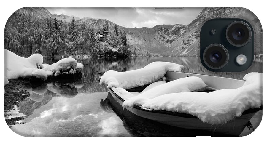 Bohinj iPhone Case featuring the photograph Snow covered boat on Lake Bohinj in Winter #2 by Ian Middleton