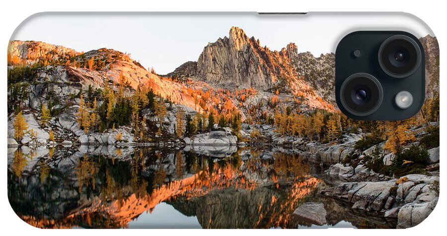Enchantments; Alpine Lakes; Sunrise; Leprechaun Lake; Prusik Peak; Mountains; Larch; Tree; Fall Colors; Reflections; Prusik Peak iPhone Case featuring the digital art Sunrise in the Enchantments #4 by Michael Lee