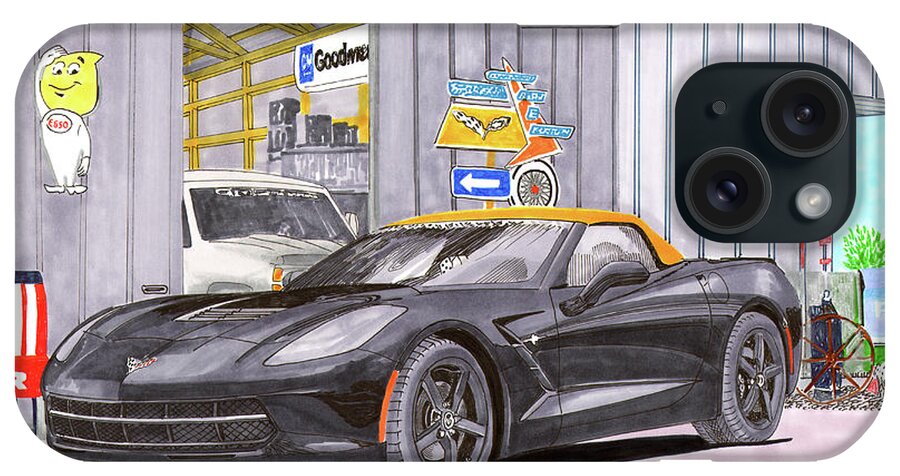 2014 Corvette iPhone Case featuring the painting 2014 Corvette and man cave garage by Jack Pumphrey
