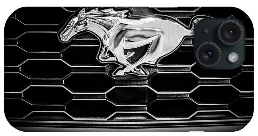 2015 Ford Mustang Grille Emblem iPhone Case featuring the photograph 2015 Ford Mustang Grille Emblem -0104bw by Jill Reger